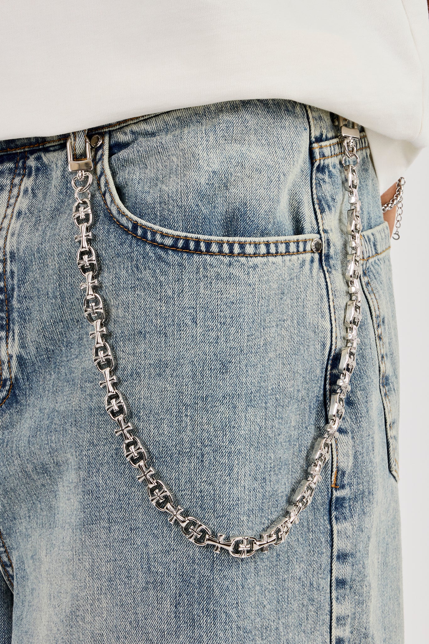 Denim Baggy Jort & 10mm Polished Multi Cross Polished Jean Chain - Antique Wash